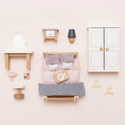Wooden Dollhouse Bedroom Furniture Set - 19 Pieces
