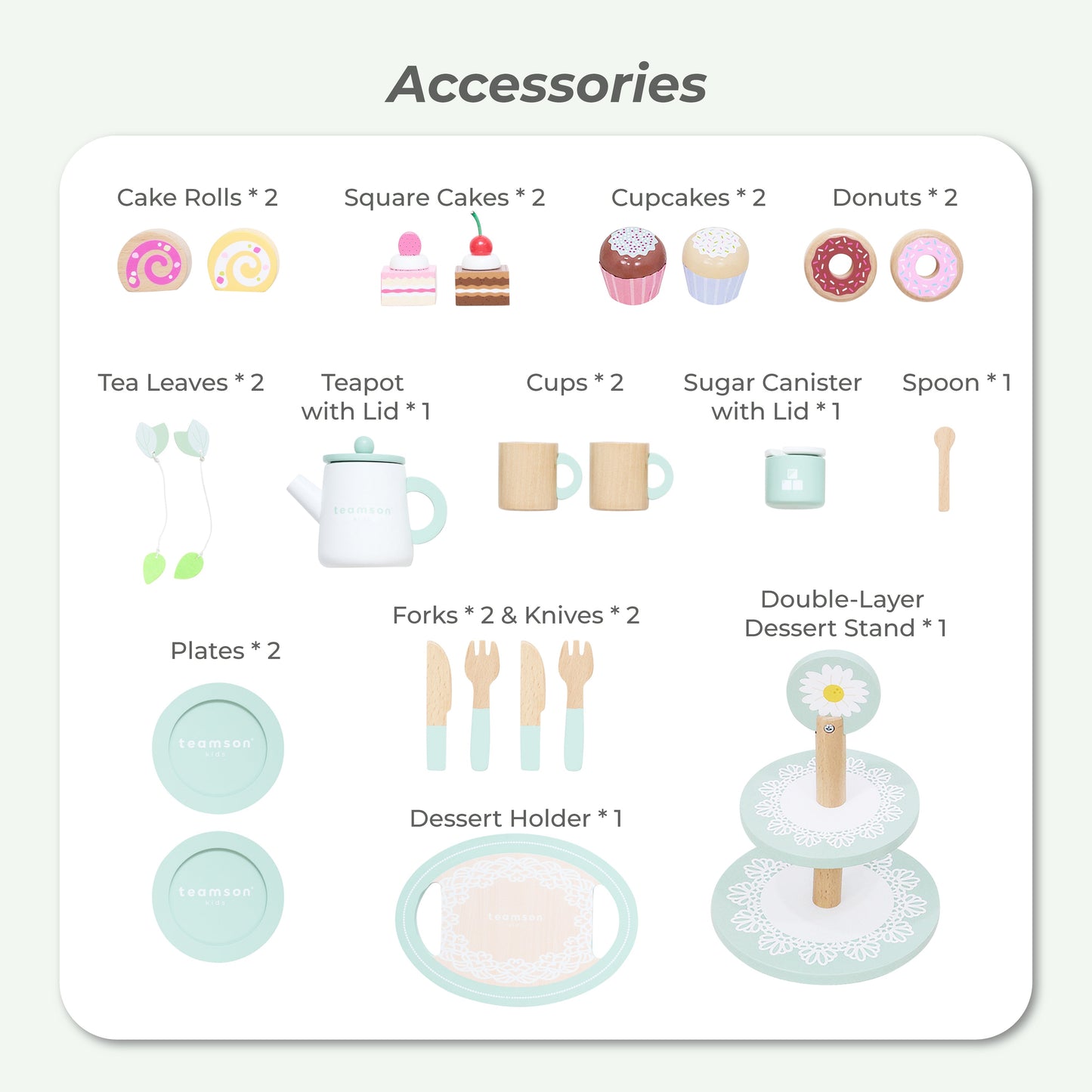 Afternoon Sip Wood Dessert Cart with 21 Pieces & Rotatable Wheels