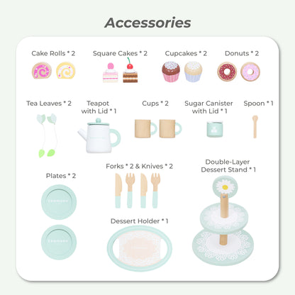 Afternoon Sip Wood Dessert Cart with 21 Pieces & Rotatable Wheels