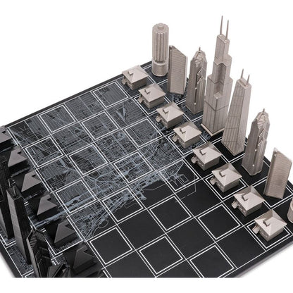 Chicago Edition Stainless Steel Chess Set with Wood Map Board