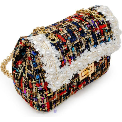 Classic Tweed Handbag with Pearls - Black