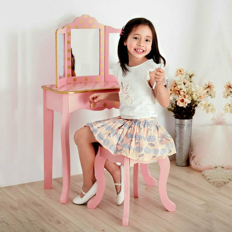 Gisele Polka Dot Vanity with Mirror & Stool - Pink