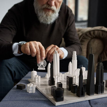 New York Versus Los Angeles Acrylic Chess Set with Black and White Wood Hatch Board