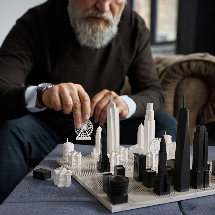New York Versus Los Angeles Acrylic Chess Set with Marble Hatch Board