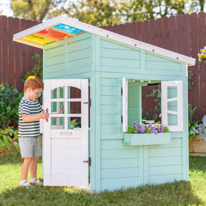 Rainbow Shade Wooden Playhouse with Kitchen, Flower Box & Bench - Blue
