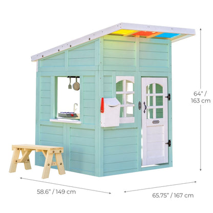 Rainbow Shade Wooden Playhouse with Kitchen, Flower Box & Bench - Blue
