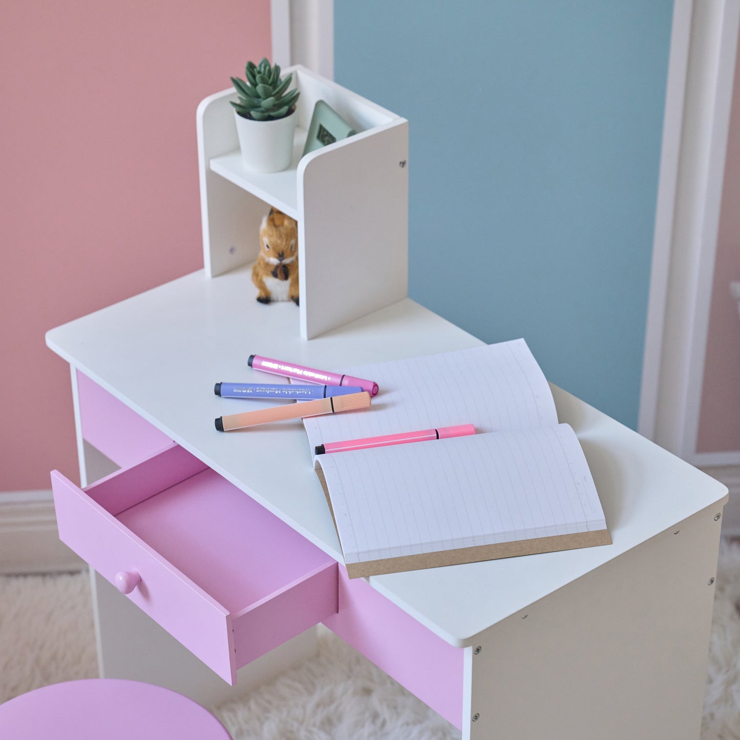 Rosé Shine Wood Vanity & Desk with LED Mirror & Stool - Pink/White