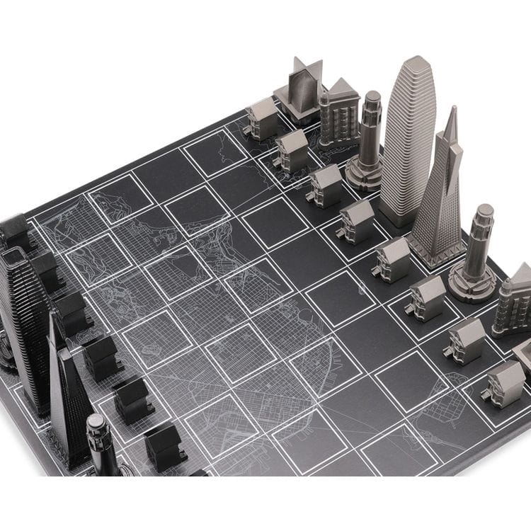 San Francisco Edition Stainless Steel Chess Set with Wood Map Board