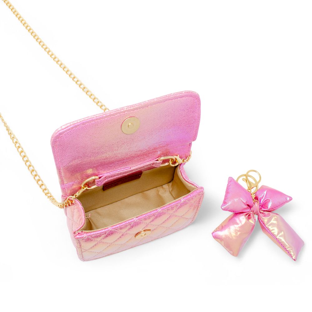 Shiny Quilted Fluffy Bow Handbag - Hot Pink