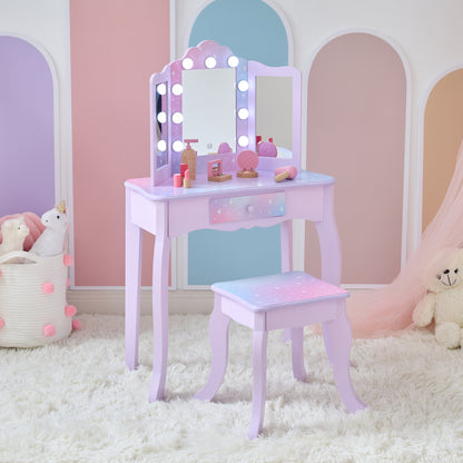 Stardust Gisele Wood Vanity Table with LED Mirror & Drawer - Purple