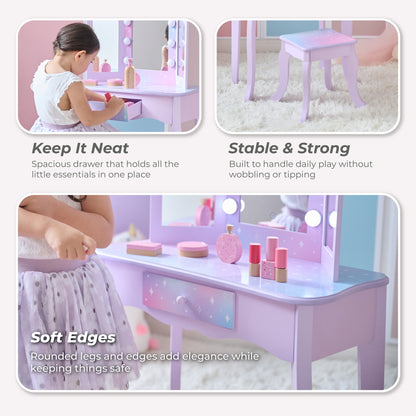 Stardust Gisele Wood Vanity Table with LED Mirror & Drawer - Purple