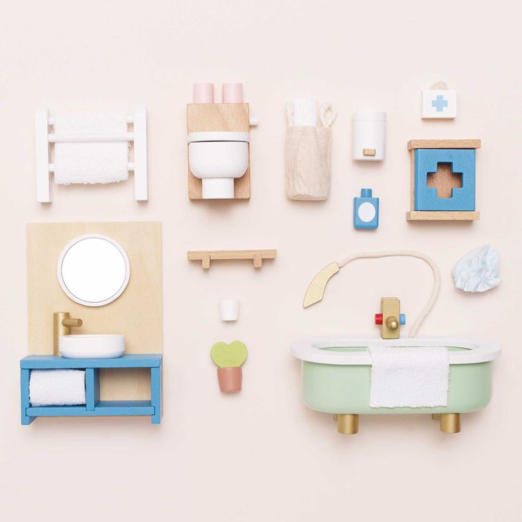 Wooden Dollhouse 19 Piece Bathroom Furniture Set